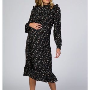 Black floral ruffle long sleeve maternity midi dress